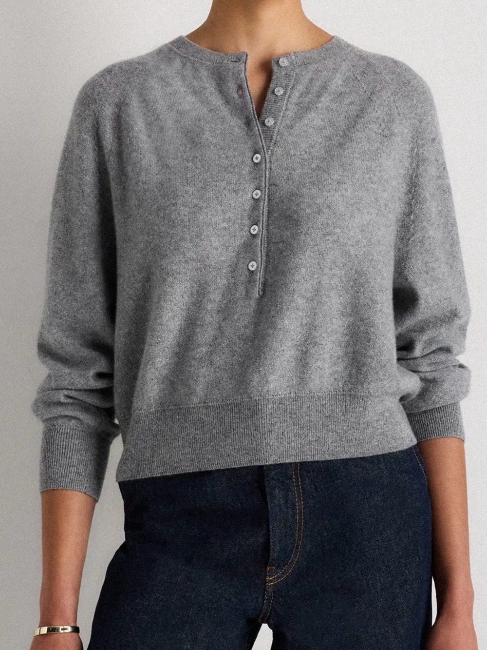 Quince  Mongolian Cashmere Heather Grey Henley Crewneck Sweater